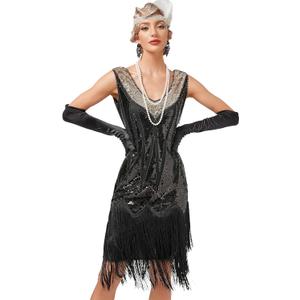 1920s Dresses for Women Gatsby Flapper Dresses 20s Vintage Sequins Fringed Cocktail Dress (Medium, Black+gold)