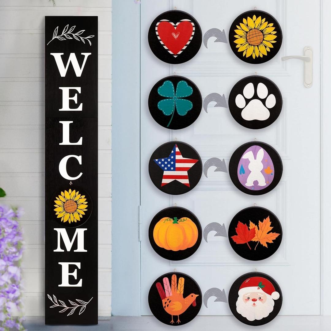 Perfnique Welcome Sign for Front Porch Standing, 47 x 7.9 Inch Black Wooden Leaner Sign with 10 Interchangeable Designed Icons, Modern Farmhouse Rustic Seasonal Decor for Spring Easter(Black)