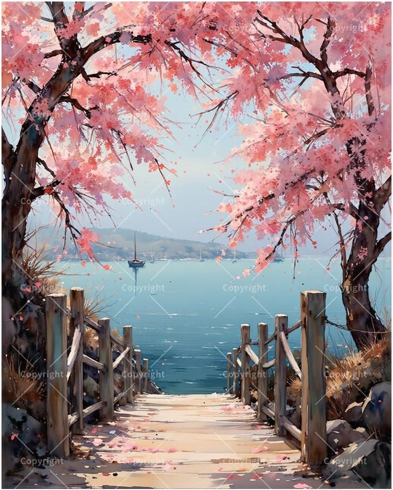 Nature Landscape Paint by Numbers Kit for Adults - DIY Cherry Blossom Path by The Sea Painting on Canvas, Acrylic Paint Set, Suitable for Beginners, Art for Home Decoration or Gifts(8X12IN Framed)