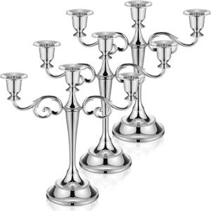 Dandat 3 Pcs 3 Arm Metal Candelabra Candlestick Holders Tall Candlestick Holders Gothic Candle Holder for Home Wedding Church Christmas Party(Classic, 10.24 Inch, Silver)