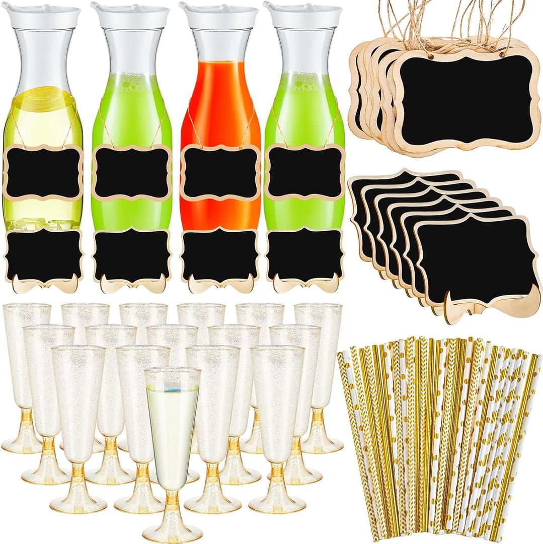 74 Pcs Mimosa Bar Supplies 34 oz Plastic Carafe with Lids Drink Juice Carafe with Champagne Flutes Plastic Water Pitcher for Mimosa Bar with Wooden Chalkboard Tags Straws(Gold)