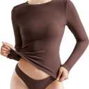 OMKAGI Women Long Sleeve Shirts Cotton Ribbed Fitted Basic Tops Crewneck Y2K Top (Brown, XL)