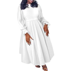 Women's Plus Size Maxi Dress Ruffle Pleated Praise Dance Dress African Long Dresses Cocktail Party (4X-Large, White)