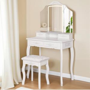 Makeup Vanity Desk with Tri-Fold LED Mirror, 4 Drawers & Shelves, Adjustable Lights, Built-in Power Strip with USB Ports, Stylish Dressing Table with Stool, Compact Vanity Set for Bedroom