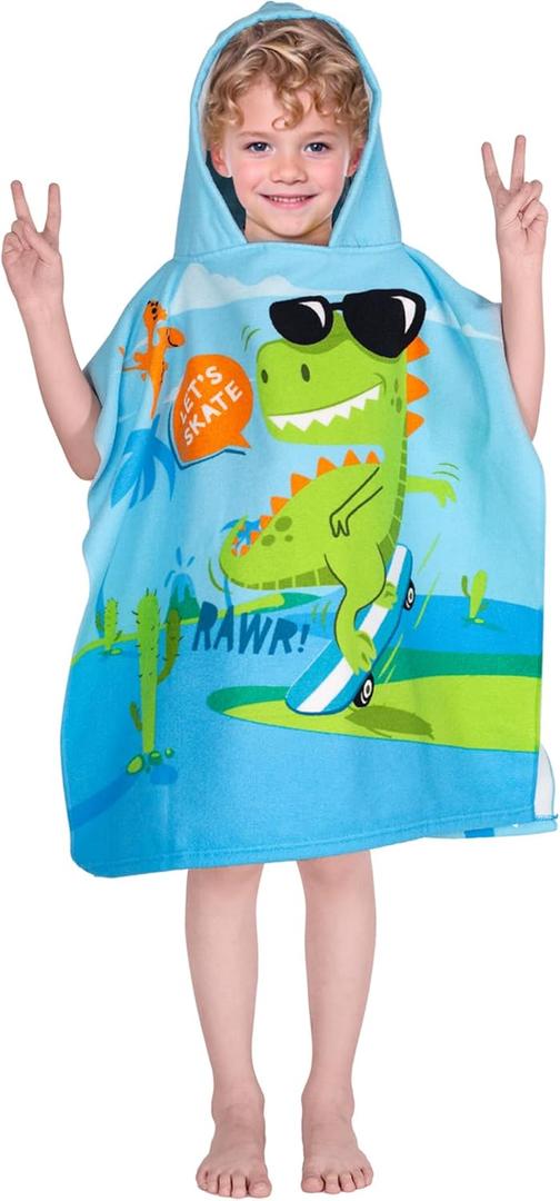 Hooded Kids Beach Towels - Toddler Bath Towel Girls Boys Swim Cover-ups for Ages 1 to 6 Kids Pool Towels Quick Dry Lightweight Soft Microfiber Poncho Towel 24x23(Skating Dino)