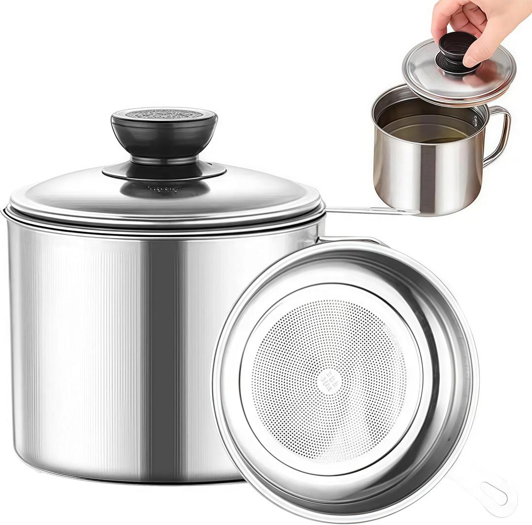 RIIPOO Grease Container for Kitchen, 34oz Bacon Grease Saver with Strainer, 410 Stainless Steel Cooking Oil Container Can, Oil Storage Keeper with Lid