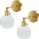Wall Sconces, Tulip-Shaped Glass Shade, Modern Wall Lamp, with Knob Switch, for Home Bedroom Doorway Decoration (White Glass + Brass Finish, 2-Pack Hardwired)