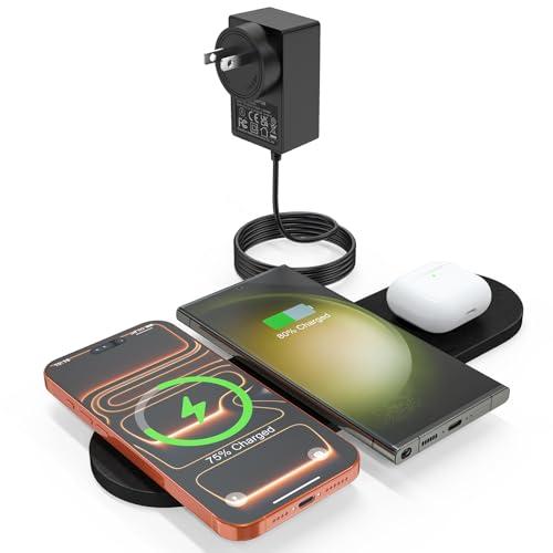 ZealSound Wireless Charging Pad,Triple Wireless Charger Pad Multiple Devices Compatible with iPhone Phone New AirPods Galaxy Buds Ultra-Slim PU Leather Wireless Charging Mat for Smartphone Phone Black