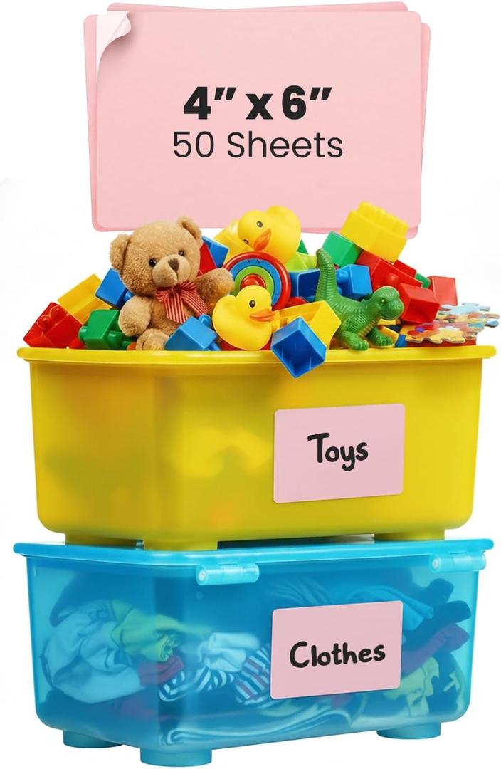 MESS Large Bin Labels for Storage (50 6x4) - Pantry and Craft Organization - Removable Labels for Moving Boxes (Pink)