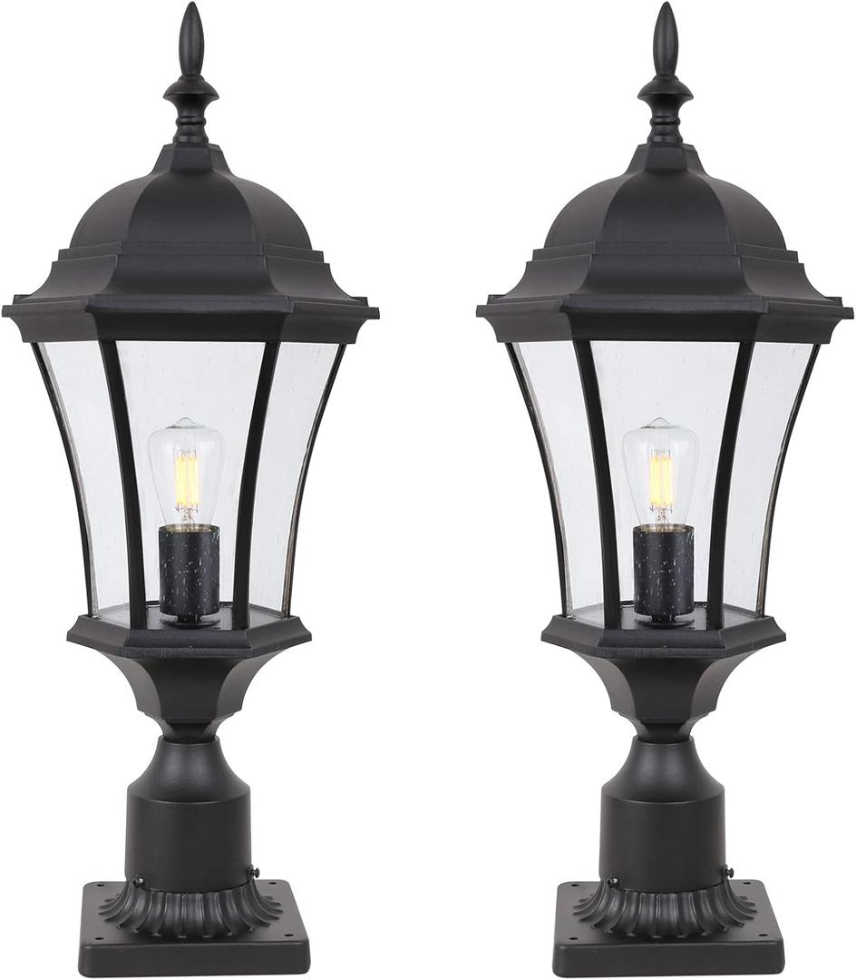 24" Aluminum Outdoor Post Light with 3" Fitter Base for Post Pole Mount, 2 Pack Black Exterior Pole Lantern Lights with Seeded Glass, Large Outside Post Lamp for Yard Garden