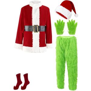Christmas Santa Claus Costume Green Monster Suits Outfit Santa Coat Cosplay Mask Halloween Christmas Costumes for Men, Medium
