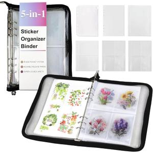 5-in-1 Sticker Organizer Book Reusable A5 Storage Binder with 220 Pockets,10 Release Papers, Zipper Album Sticker Collecting Display Keeper (Black)