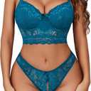 Avidlove Plus Size Lingerie Lace Bustier Crop Top With Sexy Panty 2 Pcs Underwear Sets (Peacock Blue, XX-Large)