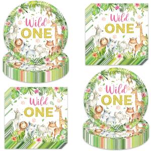 Wild One Birthday Party Supplies for 40 Guests - 80 Pcs Jungle Safari Theme Disposable Plates & Napkins Set, 7" Floral Animal Plates and Napkins for Girl’s 1st Birthday,Baby Shower,Jungle Theme Party