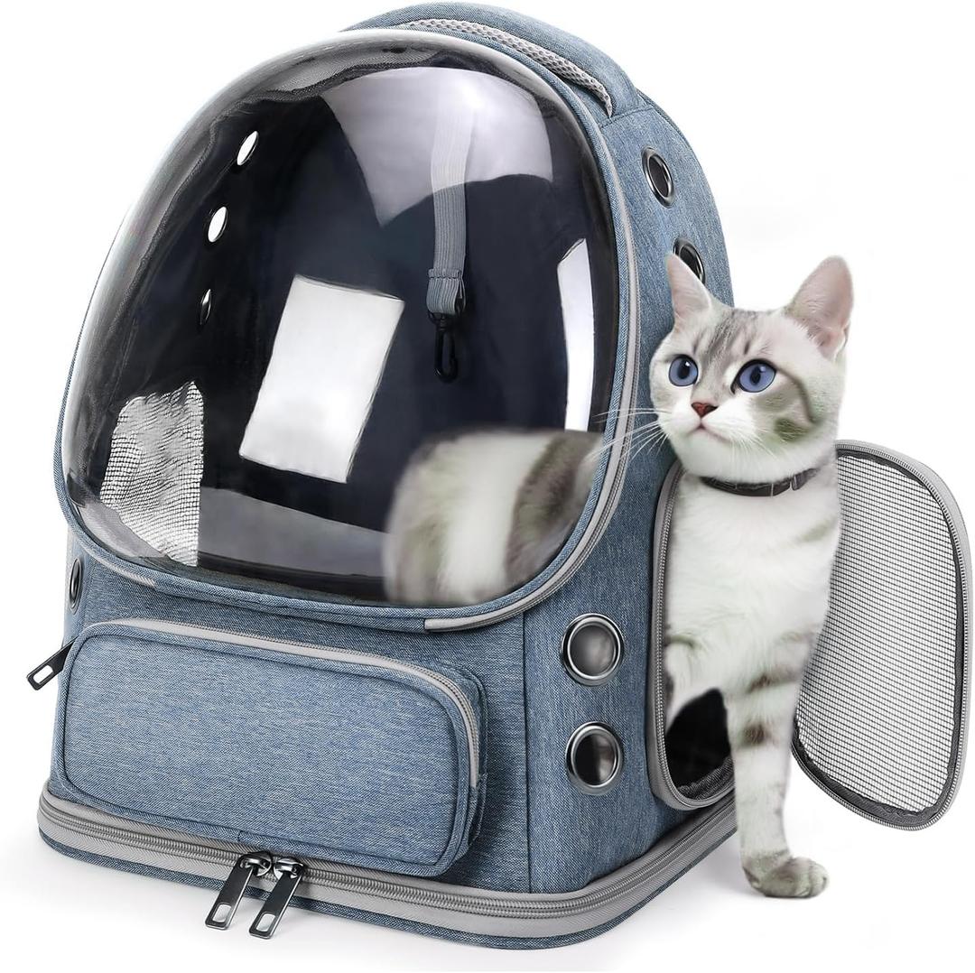 Pawstrip Cat Backpack Carrier with Large Space Bubble Window, Airline Approved Breathable Pet Carrier for Small Dogs Cats up to 15lbs, Foldable for Travel Hiking & Outdoor Use, Blue