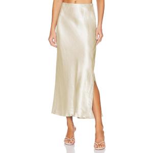 Womens Satin Silk Maxi Slit Skirt Elastic Waistband Leopard Print Maxi Long Satin Slit Skirts for Women (Beige)