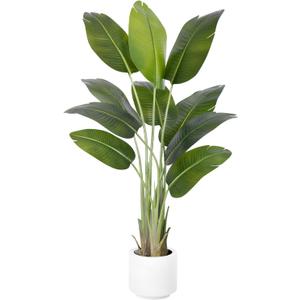 Artificial Bird of Paradise Plant 5Ft Tall Fake Tropical Palm Tree Large Fake Plants with 10 Silk Banana Leaves Faux Plant Indoor Decor Trees with White Pot for Home Bedroom Living Room Office