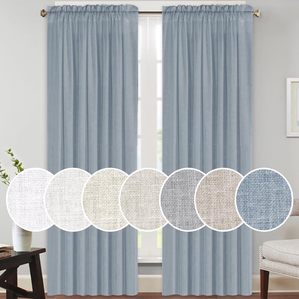 PrinceDeco Linen Curtains for Living Room Thick Linen Burlap Curtains for Bedroom Light Filtering Vertical Drapes Rod Pocket Country Rustic Linen Curtains(Stone Blue, 52" W x 84" L)