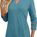 Womens 3/4 Length Sleeve Tops V Neck Lace Tunic Tops Dressy Casual Shirts Loose Fit 2025 Trendy Business Blouses (Blue, L)