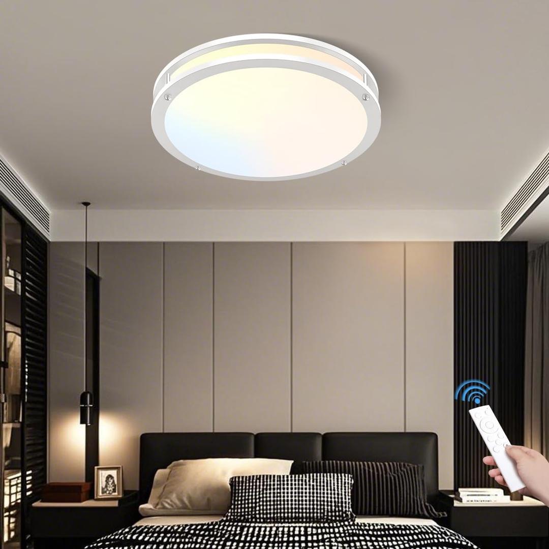AOMEI 16inch White Natural Light Spectrum LED Ceiling Light for Bedroom Living Room 24W 3000K-6000K, 4-Point Secure Flush Mount Flat Panel, CRI97 Round Modern Fixture with Remote Control