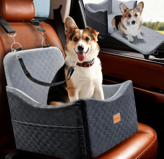 2 in 1 Dog Car Seat Bed for Small/Medium Dogs Up to 35 lbs, Travel Dog Booster Seat with Memory Foam Thick Cushion, Safety Belts&Storage Pockets, Removable Washable Bed Fits Front or Back Seat