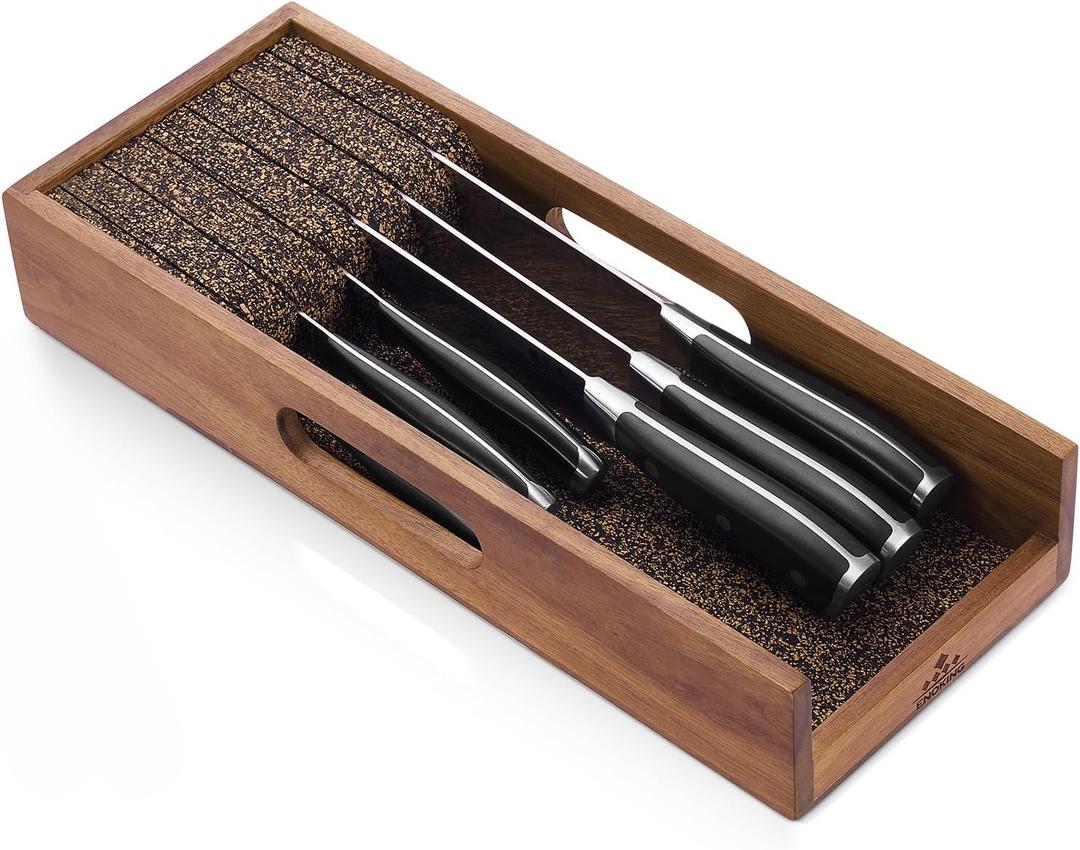 Enoking Knife Drawer Organizer Insert, In Drawer Knife Block, Acacia Wood Knife Holder with Cork Dividers For Kitchen Chef Steak Knife Storage Keep Drawer Tidy (Acacia Wood, 15 x 5.9 x 2.6 In)