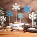 Sawysine 6 Pcs Christmas Wood Snowflake Table Centerpiece Decor Snowflake Tabletop Tall Standing Block Sign for Fireplace(Glitter White, Blue)