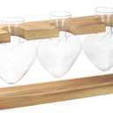 PATIKIL Propagation Vases for Plants with Wooden Stand, Heart Shaped Glass Vase for Home Office Decor Housewarming Gifts, Wood Color (3 Bulb)
