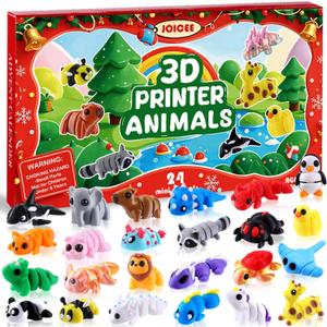 JOICEE 2025 Christmas Advent Calendar with Mini 3D Print Animals, 24 Days Mini Animal Figurines Toys Set Xmas Articulated Flexible Fidget Gifts for Kids Boys Girls Christmas Party Favors