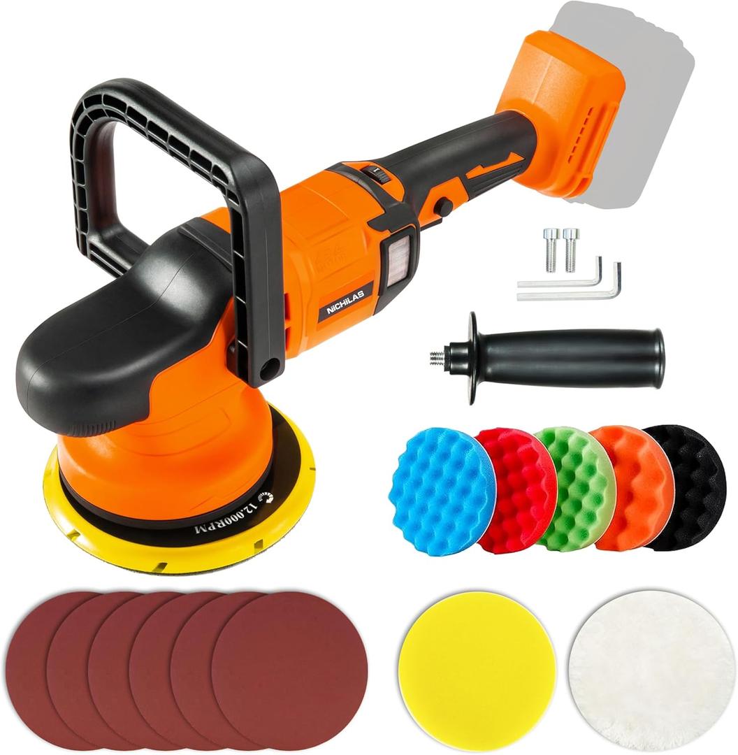 Car Orbital Polisher Compatible with DEWALT 20V Battery, 6inch 150mm Brushless Cordless Design Buffer Car Waxer with 6 speeds 750-6800RPM, 13PCS Polishing Accessories (NO BATTERY)