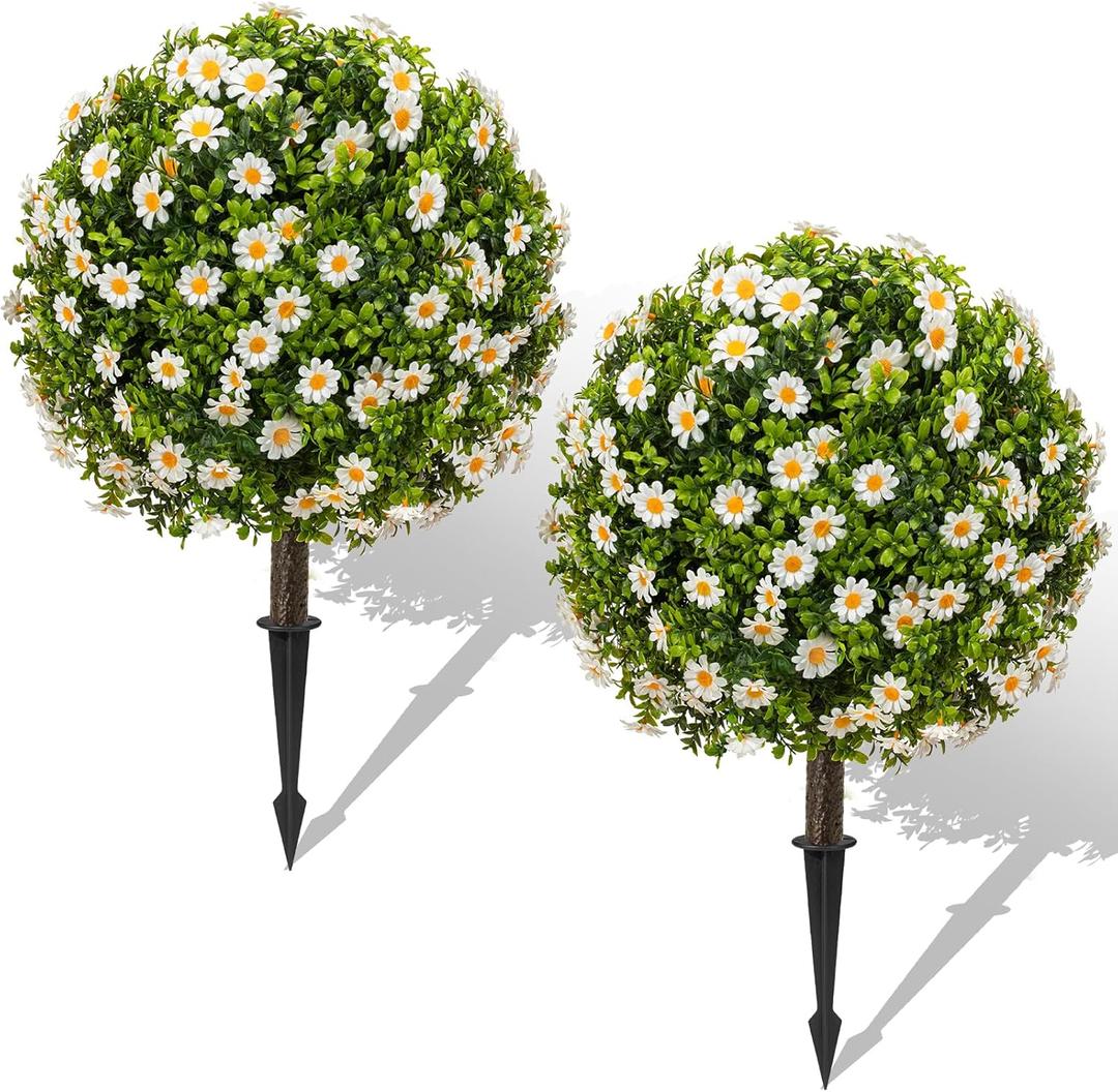 25" Artificial Boxwood Topiary Ball Trees with Daisy Flowers, Set of 2 UV Resistant No Fade Outdoor Faux Plants with Ground Spike, Fake Shrubs for Garden, Patio, Porch, Yard, Indoor Decor