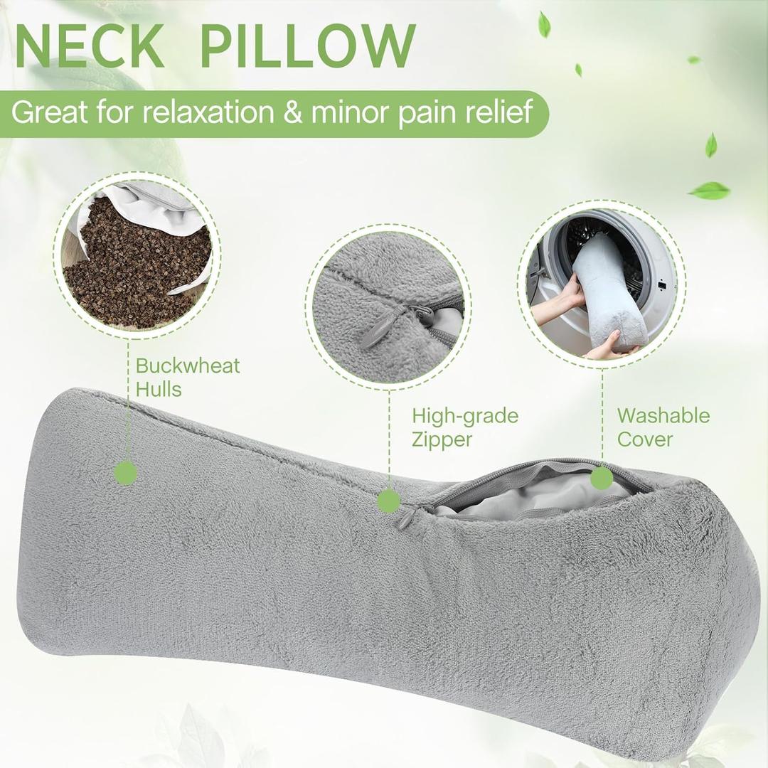  Buckwheat Neck Pillow 15 x 6 Inches Buckwheat Cervical Neck Roll Pillow with Washable Cover for Office Lunch Break Sleep Spa(Grey,Cotton and Linen)