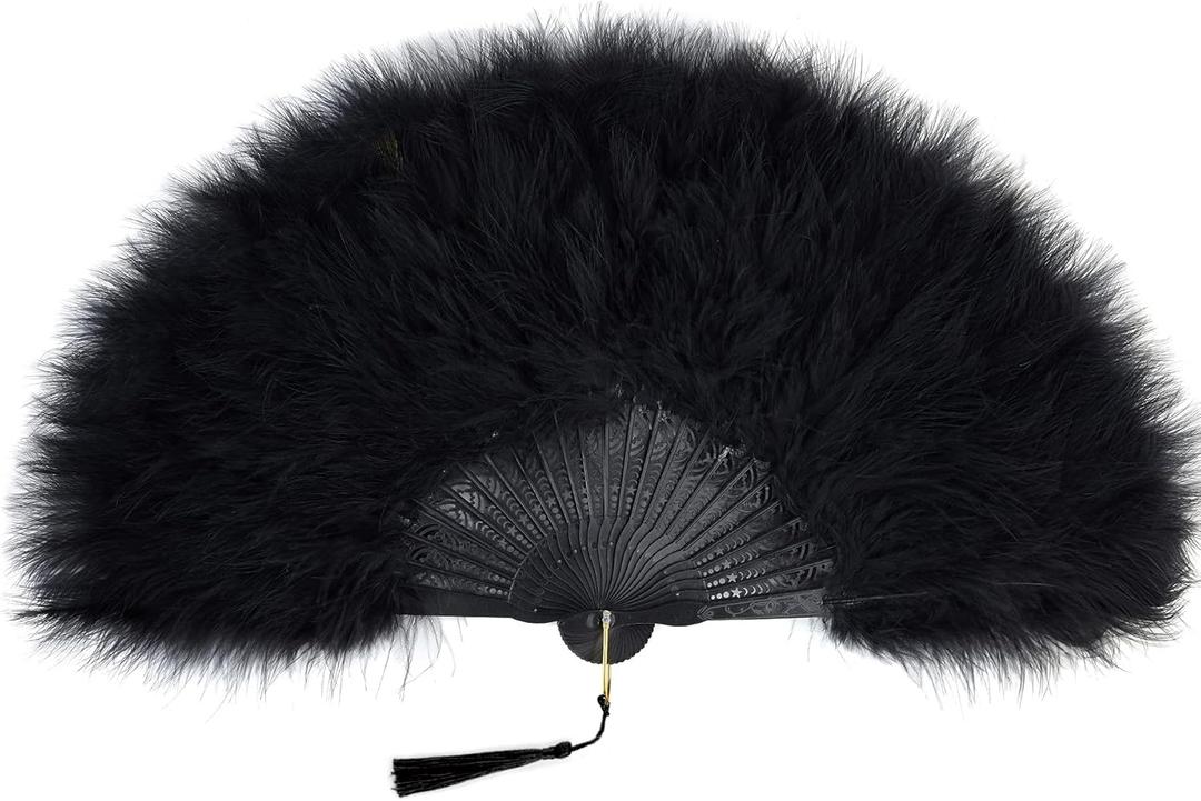 BABEYOND Marabou Feather Fan 20s Vintage Folding Fan Flapper Hand Fan for Costume Dancing Show Tea Party Wedding Decoration (Black-Black Rib)