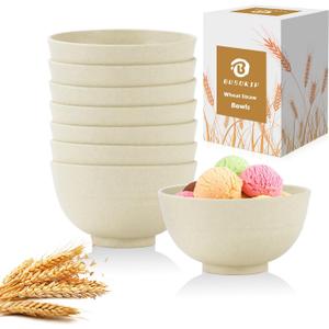Beige Wheat Straw Bowls, 10 OZ Snack Bowl Set of 8, Unbreakable Ice Cream Bowl Set, Alternative Plastic Bowls Reusable, Microwave Safe Small Appetizer Bowl for Dessert, Snack (Beige)