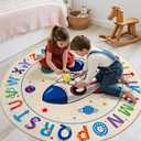 ABC Kids Alphabet Round Rug 6ft Washable Soft Circle Nursery Rug, Non-Slip Educational Carpet with Space Astronaut Design for Classroom, Playroom & Kids Room Decor Blue