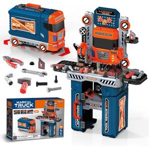 65 Pcs Kids Tool Set, 2-in-1 Kids Tool Box & Bench, Toddler Tool Set with Electric Drill and Power Miter Saw, Workbench for Boys Age 3 4 5 6 7 8 Year Old