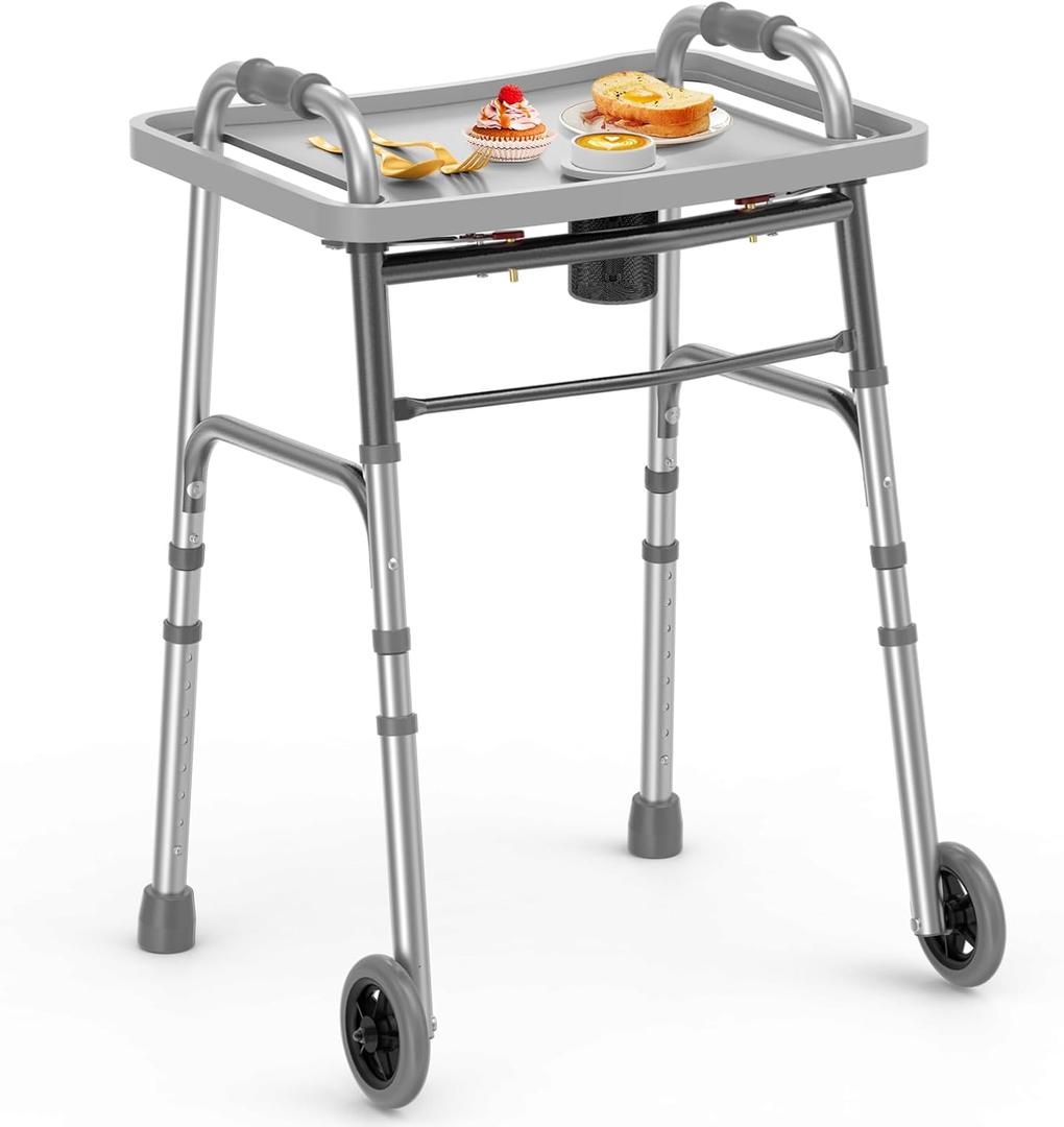 Loyoda Folding Walker with Tray, 5" Wheels Lightweight Walkers for Seniors and Adults, Supports Up to 350 Pounds, Adjustable Height, Compact Standard Walker, Silver