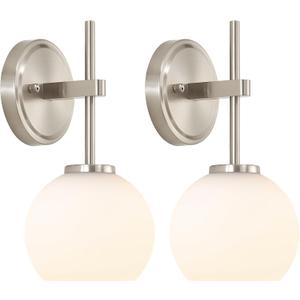 Brushed Nickel Battery Operated Wall Sconce Set of 2, Wireless Rechargeable Sconces Wall Lighting with Remote Control, LED Wall Lights with Opal White Glass Shade, 12 Colors RGB & 3 CCT Bulb