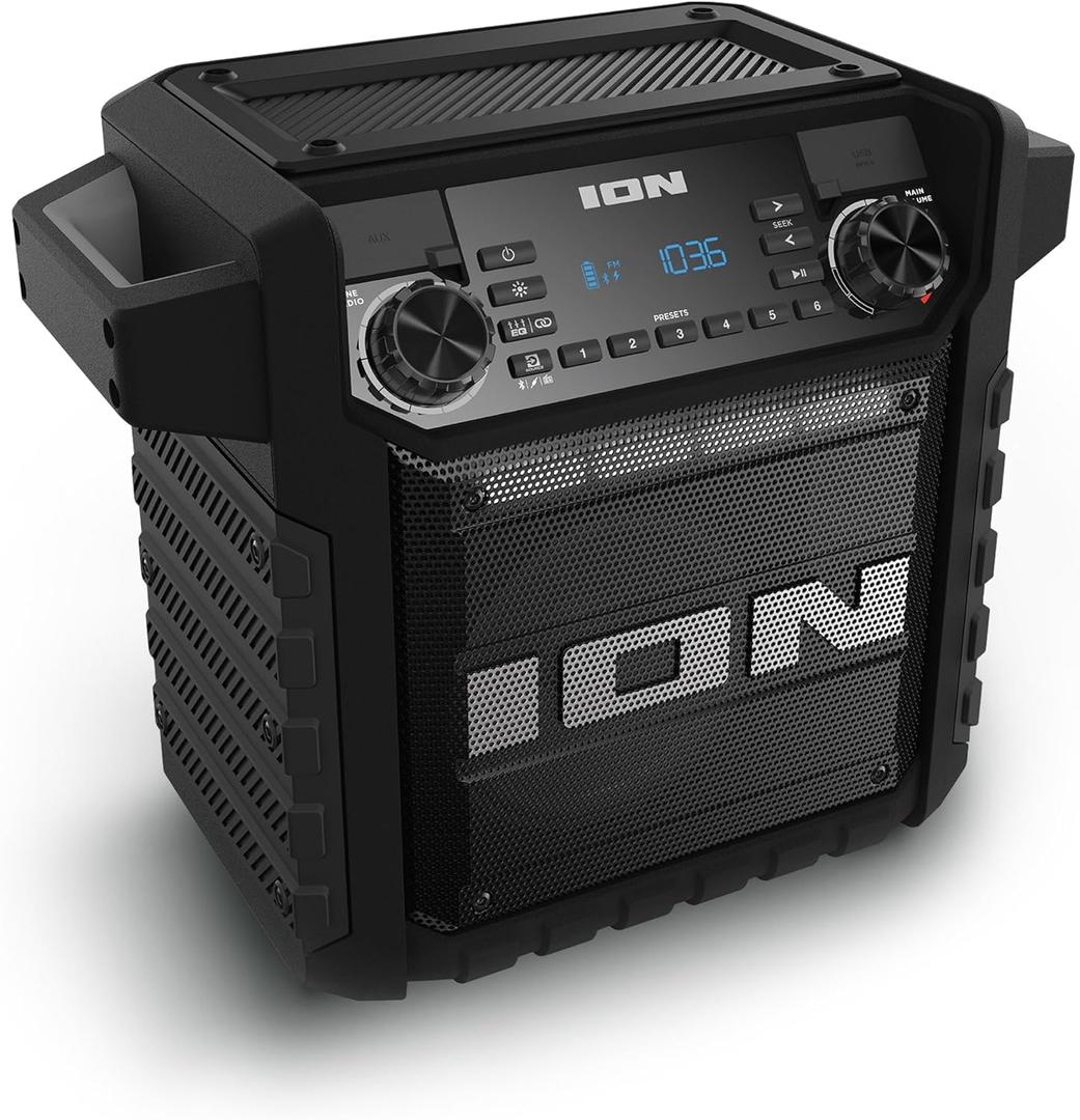 ION Tailgater Classic Outdoor Portable Bluetooth Speaker with Rechargeable Battery, FM Radio, USB Port, IPX5 Water-Resistant, 6.5" Woofer, App, Black