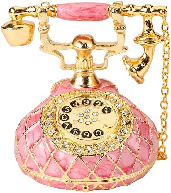 QIFU Hand Painted Small Pink Telephone Figurine Trinket Box Hinged Unique Gift for Family