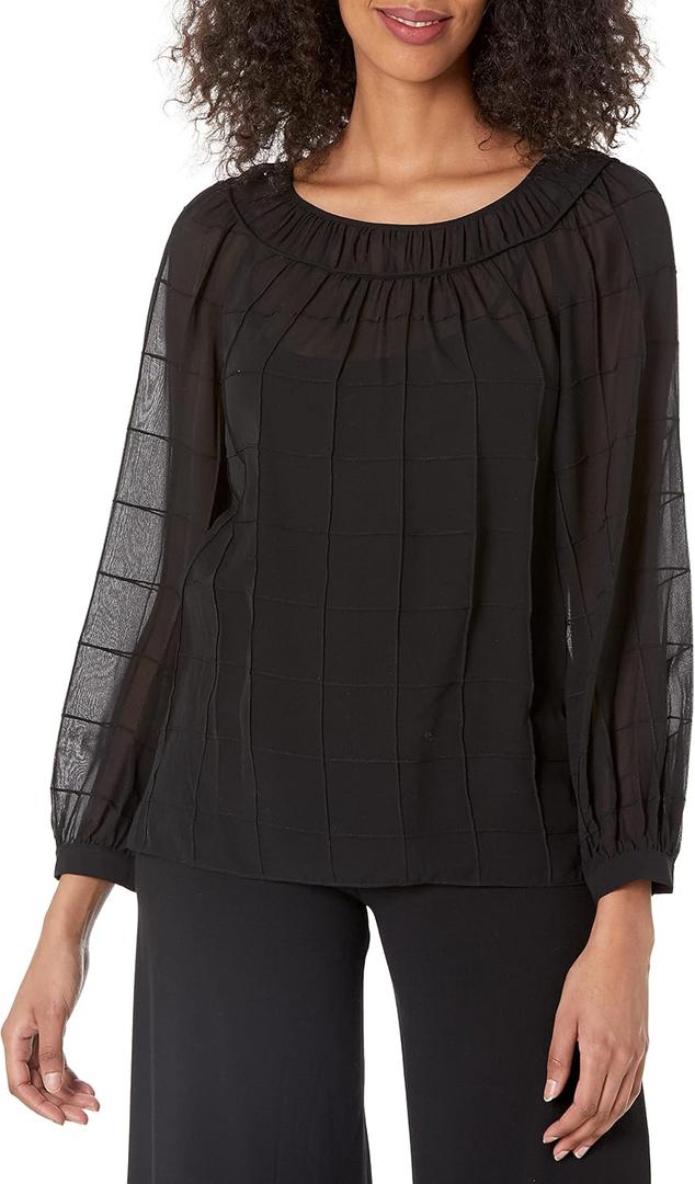 Rebecca Taylor Women's Chiffon Grid Pintuck Top, Black, Medium