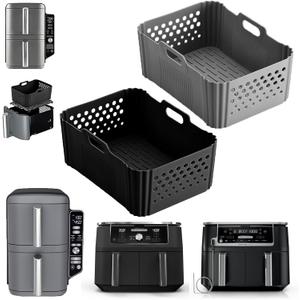 Silicone Air Fryer Liners for Ninja 10QT DoubleStack XL 2-Basket SL401 SL400 SL451 Airfryer,2PCS Reusable Rectangle Perforated Silicone Liners for Ninja DZ302 DZ401 DZ550 Dual Air Fryer Accessories (Grey+Black)