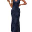 Caracilia Women Floral Maxi Dress 2026 Summer Mesh Deep V Neck Bodycon Formal Wedding Guest Cocktail Prom Party Long Dresses Navy Blue Small