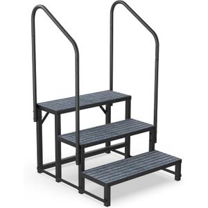 RV Steps with Handrail, Hot Tub Steps, Upgraded 3 Tier Heavy Duty Steel Mobile Home Steps, Spa Steps Outdoor Stairs for 5th Wheel RV Camper Trailer Porch with Non-Slip Mats (3-step)