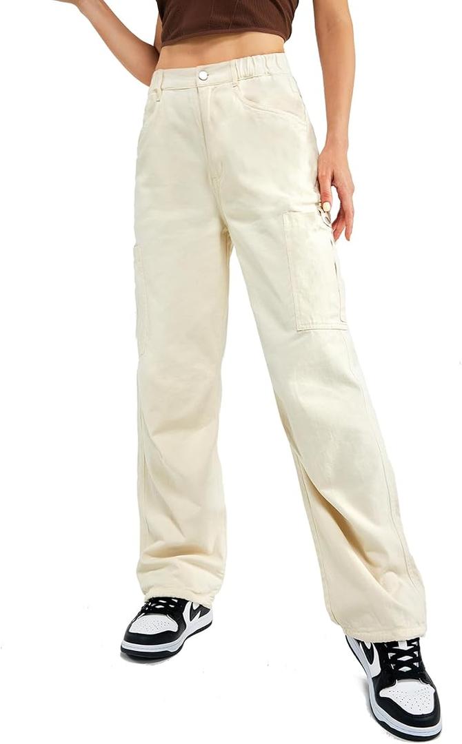 Znyeth Cargo Pants Women Cotton Wide Leg Casual Hiking Military Army Combat Work Pants with 8 Pockets, Size L