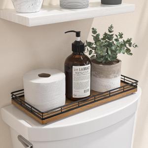 Bathroom Toilet Tank Tray, 13" Wood Toilet Paper Storage Basket Tray Back Of Toilet Basket Organizer,Vanity Tray For Perfume Makeup Candle Decor, Black & Farmhouse Brown (13" x 6.5" x 1.5")