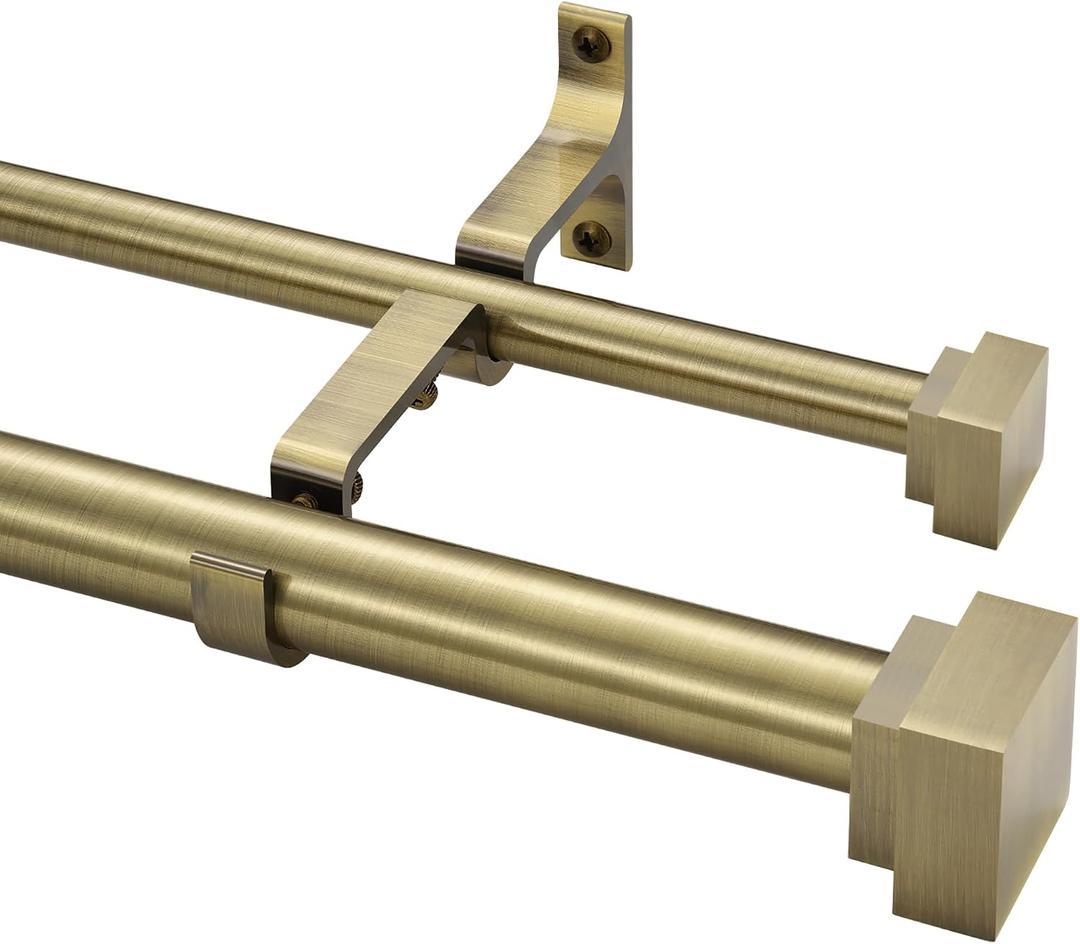 1 Inch Modern Double Window Curtain Rods,36-72 Inch Adjustable Telescoping Heavy Duty Stylish Drapery Rods Decorative Solid Square Allufer Finials for Dual Curtain Rod Window Treatment, Antique Bronze