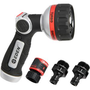 Eden 94814 Metal Thumb Control Heavy Duty Garden Hose Nozzle, Water Sprayer Nozzle with 6 Adjustable Watering Patterns, W/Quick Connect Starter Set for Plants, Lawn, Garden