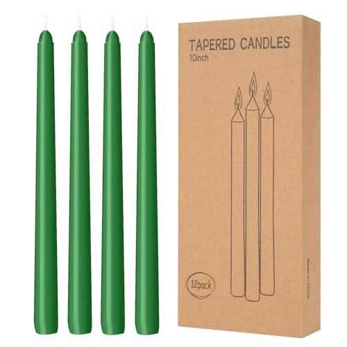 12 Pack Green Taper Candles 10 inch - Taper Candles Dripless, Smokeless, Unscented - 8 Hours Long Burning - Hand Poured Tall Candlesticks - Perfect for Home Decor, Weddings, and Special Occasions