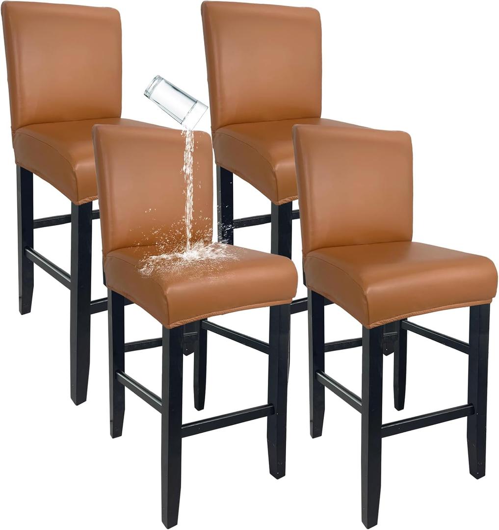 PU Leather Bar Stool Covers with Backs, Waterproof Bar Stool Chair Covers Washable & Wipeable High Back Barstool Slipcovers Chair Protctor for Pub, Counter, Cafe, Dining Room (PU Orange, 4 Pack)